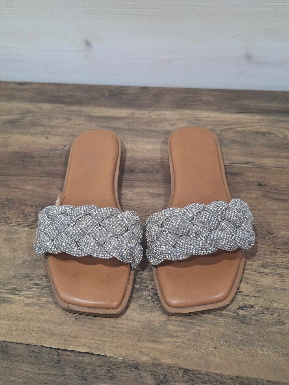 Sincerely Jules Tan Slide Sandals with Silver Braided Crystal Strap